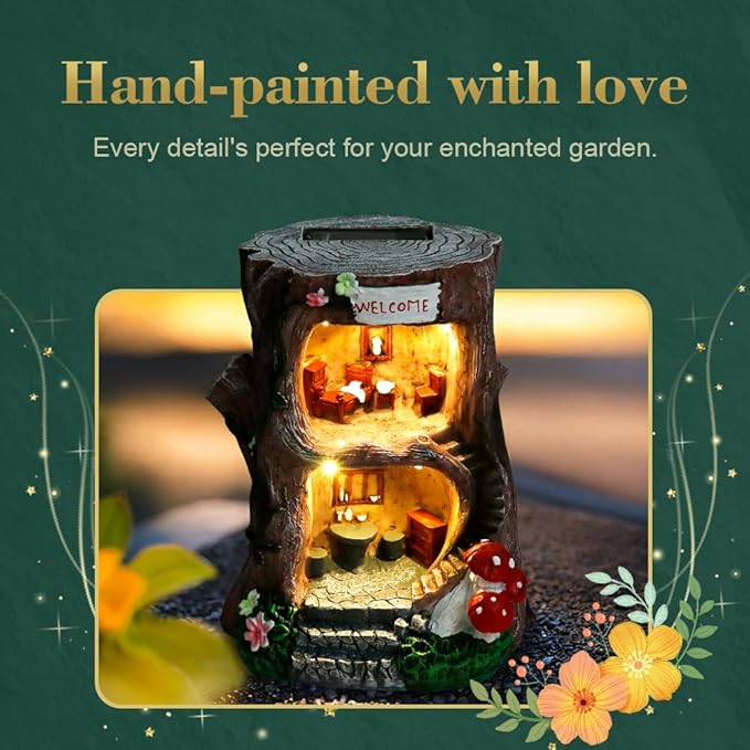 Solar Light Gnome Fairy Garden House for Outside, Big Size Fairy Miniature Buildings Accessories House Sculptures for Outdoor Garden Patio Lawn Path Decorations, 8" Tall