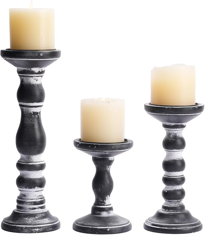 Candle Holder for Pillar Candles: Romadedi Set of 3 Decorative Wood Candlestick Holders, Rustic Wooden Candle Stand for Fireplace Mantle End Table Shelf in Farmhouse Style, Black 6”, 8.3”, 12”