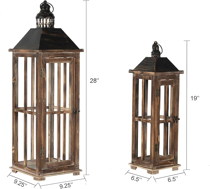 Large Farmhouse Wooden Decorative Lantern Set of 2, Rustic Distressed Brown Burnt Wood Floor Candle Lanterns, Indoor/Outdoor Hanging Lanterns for Home Decor (No Glass)
