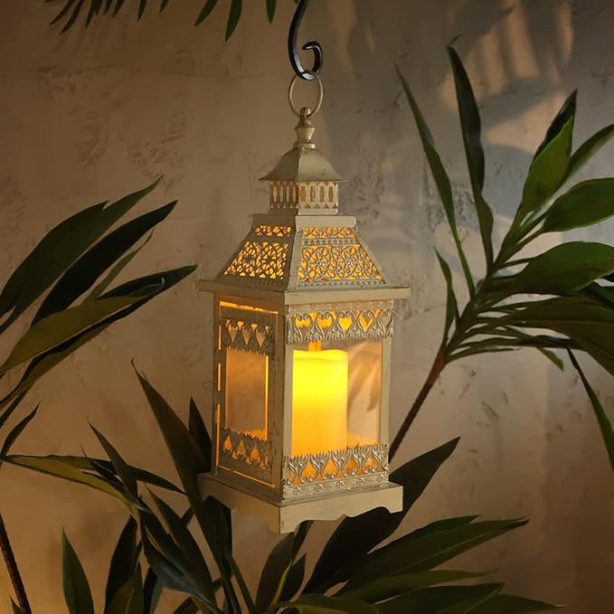 NEEDOMO Lanterns Decorative Outdoor & Indoor, Set of 2 Outdoor Lanterns for Porch,Large Square Candle Lantern, Beige Metal Frame with Glass for Fall, Christmas