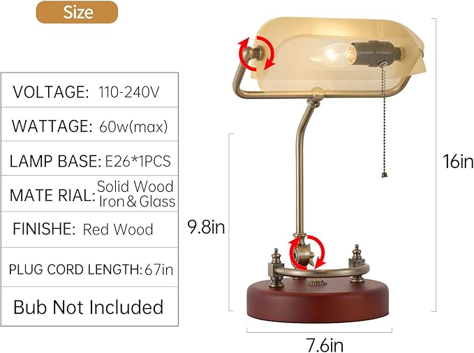 Bankers Lamp, Traditional White Desk Lamp with Solid Birch Wood Base, White Glass Antique Library Lamp with Pull Chain Switch, Plug in Vintage Bankers Desk Lamp for Office, Study Room 【E26 Socket】