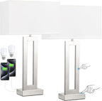 Seealle 22" Tall Bedroom Lamps for Living Room - Touch Brushed Nickel Bedside Lamps with USB C+A, 3 Way Dimmable Lamp for Nightstand, Modern Night Stands Lamps for End Tables(White&Silver)