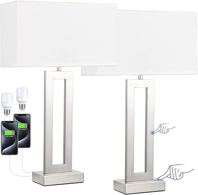 Seealle 22" Tall Bedroom Lamps for Living Room - Touch Brushed Nickel Bedside Lamps with USB C+A, 3 Way Dimmable Lamp for Nightstand, Modern Night Stands Lamps for End Tables(White&Silver)