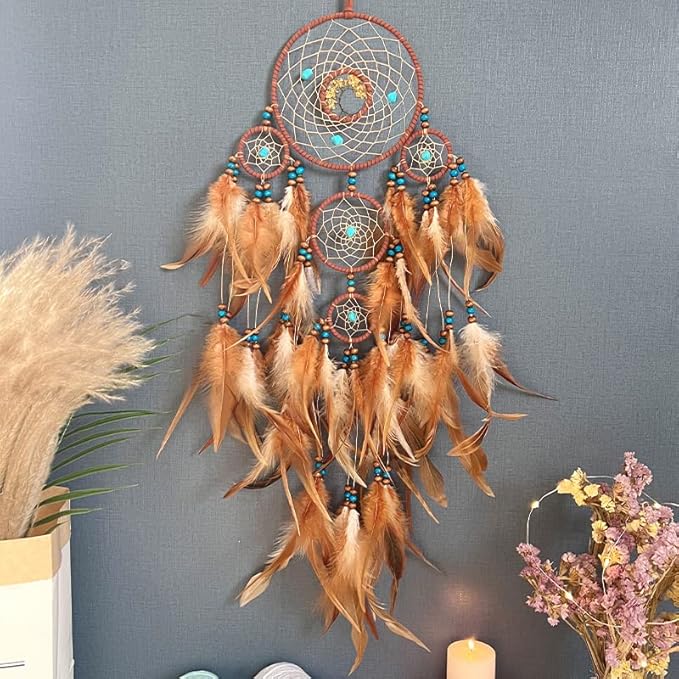 Pretty Jolly Brown Feather Dream Catchers Wall Decor with Chakras Tree of Life Crystal Stone Ornament Handmade Dreamcatchers for Adult Boys Girls Bedroom Dorm Party Birthday Blessing Gift-5Rings