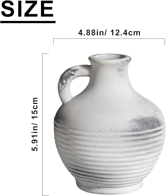 Rustic Farmhouse Vase, Ceramic Terracotta Vase with Handle, 6 inch Pottery Decorative Flower Vases for Home Decor, Table, Living Room, Bathroom, Shelf, Mantel Decor Grey