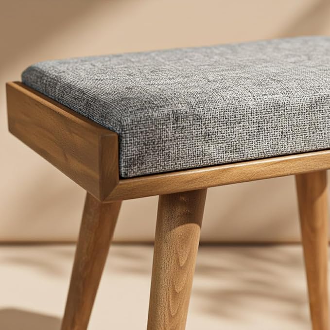 Walnut Ottoman Stool for Living Room | Upholstered in Gray Pattern Fabric | Versatile as a Piano Bench | Ideal Bedroom Bench | Functional Footstool Bench