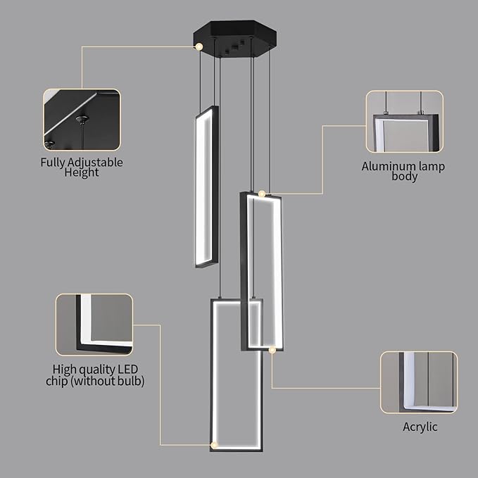 Modern Kitchen Pendant Light Fixture Black 40W LED Pendant Lighting 3 Rings Rectangle Chandelier for Kitchen Island Living Room Dining Room Bedroom
