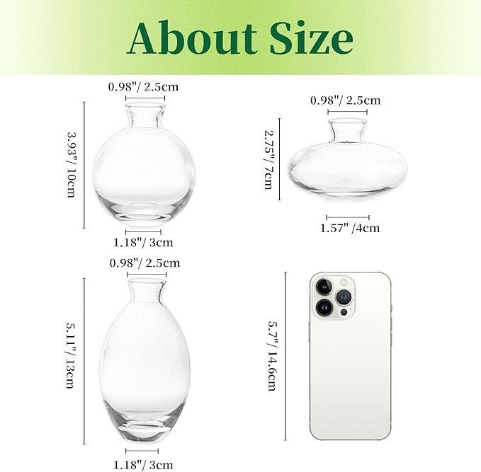 Glass Bud Vases Set of 3, Hewory Cute Clear Small Vases Handmade, Mini Glass Flower Vase for Floral Arrangement, Tiny Centerpiece for Wedding Party Events Home Office Table Decor (Not Include Flower)