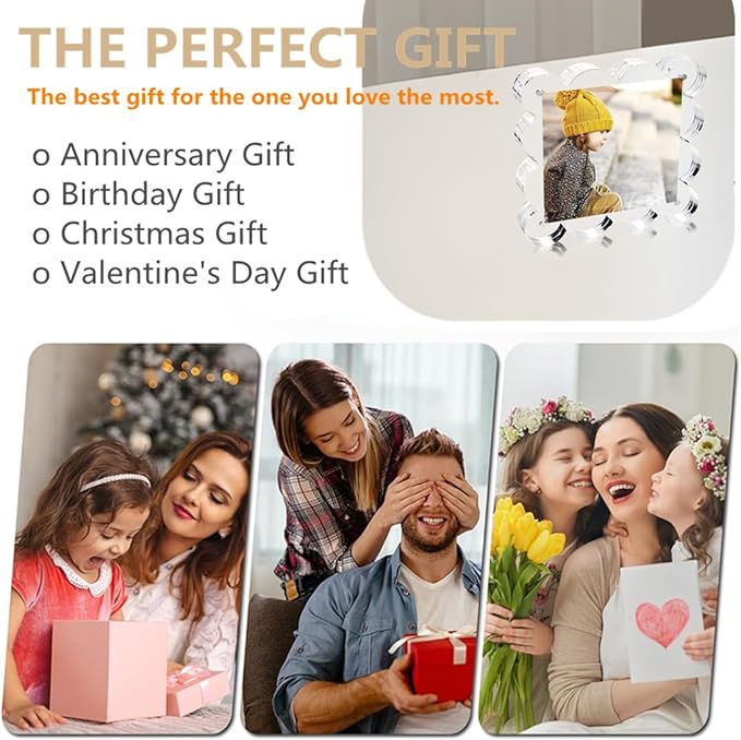 4x4 Inch Magnetic Acrylic Picture Frame,10+10mm Thick Block,Double Sided Clear scalloped frames for Desktop Display | Trendy Home Gift ((1 Pack), 4X4)