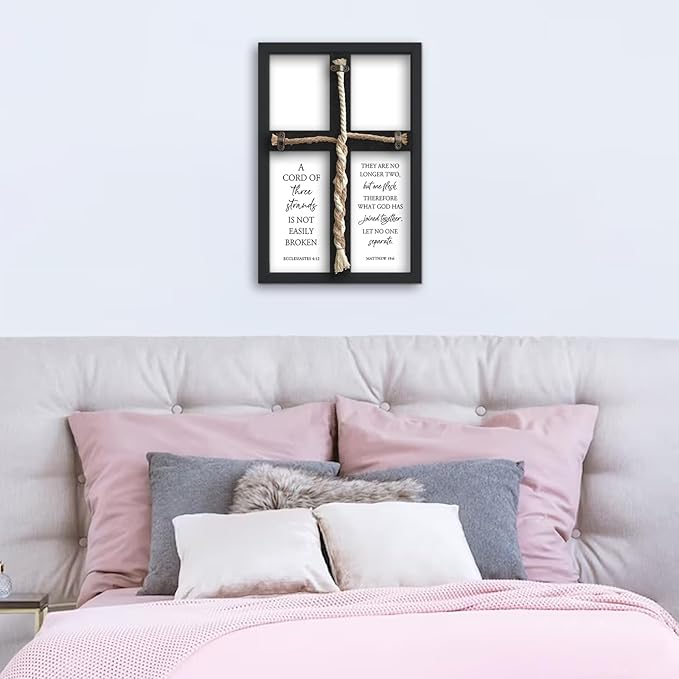 flowtorely A Cord of Three Strands Wedding Ceremony Unity Wall Decor 15"X10" Matthew 19 6 Christian Marriage Prayer Cross Sign Framed Wall Hanging Art (Black)