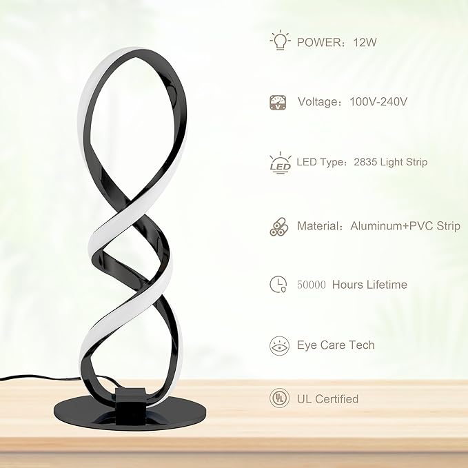 Modern Table Lamp - Stepless Dimmable LED Spiral Lamp, Black, 12W, 3200K, Warm White, Contemporary, for Bedroom, Living Room