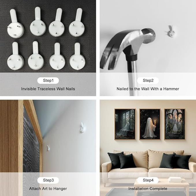 LHIUEM Large Halloween Cute Ghost Framed Canvas Wall Art Set,Vintage Spooky Wall Decor,Retro Dark Prints,Midnight Candle Poster Artwork for Living Room,Bathroom,Dining Room -16"x24"x3