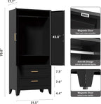 71'' Farmhouse Metal Wardrobe Cabinet with Hanging Rod, 2 Barn Door Wardrobe Closet with Adjustable Shelves,2 Drawer,for Dining Room,Bedroom,Living Room, Cloak Room,Office (Black)