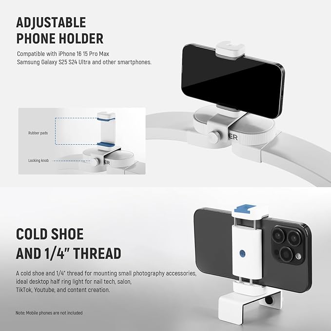 NEEWER Basic HM01-D 29" Arc Lamp, 40W Foldable LED Half Moon Table Nail Tech Light for Desk 3000K-6500K 3400lux/0.5m CRI95 USB Charging Phone Holder for Manicure Makeup Beauty Tattoo Overhead Shooting