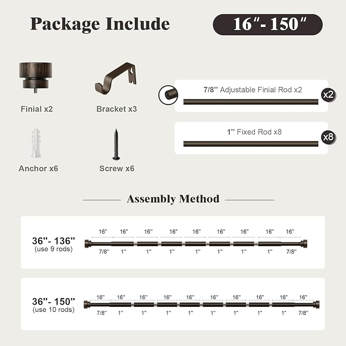 Oneach Antique Brown Curtain Rods for Windows 72 to 144 Inch, 1 Inch Pole Adjustable Length Heavy Duty Metal Curtain Rod Set, for Outdoor Bedroom Kitchen Living Room (16 to 150 Inch)