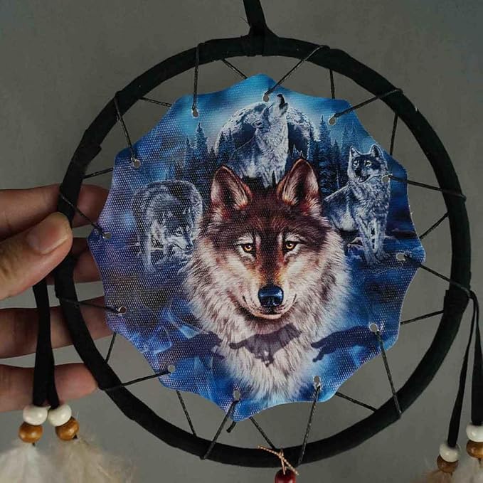 Remorelt Wolf Dream Catchers，3-Layer Circle Wall Hanging with Different Wolf Art for Wolf Lover Room Decor,Ideal Bedroom Wolf Home Decor,Dream Catcher for Boy Kids(DC01 6Inch Wolves)