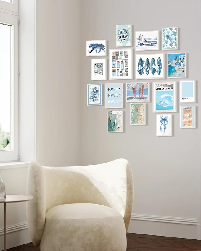 KBKBART Coastal Cowgirl Room Decor Aesthetic Set of 17, Coasta l Granddaughter Room Decor, Blue coastal Cowgirl Wall Art Prints, Trendy Beachy Wall Decor for Dorm Bedroom, Preppy Surf Posters for Teen Girls, Coastal cowgir l Decor (Unframed)