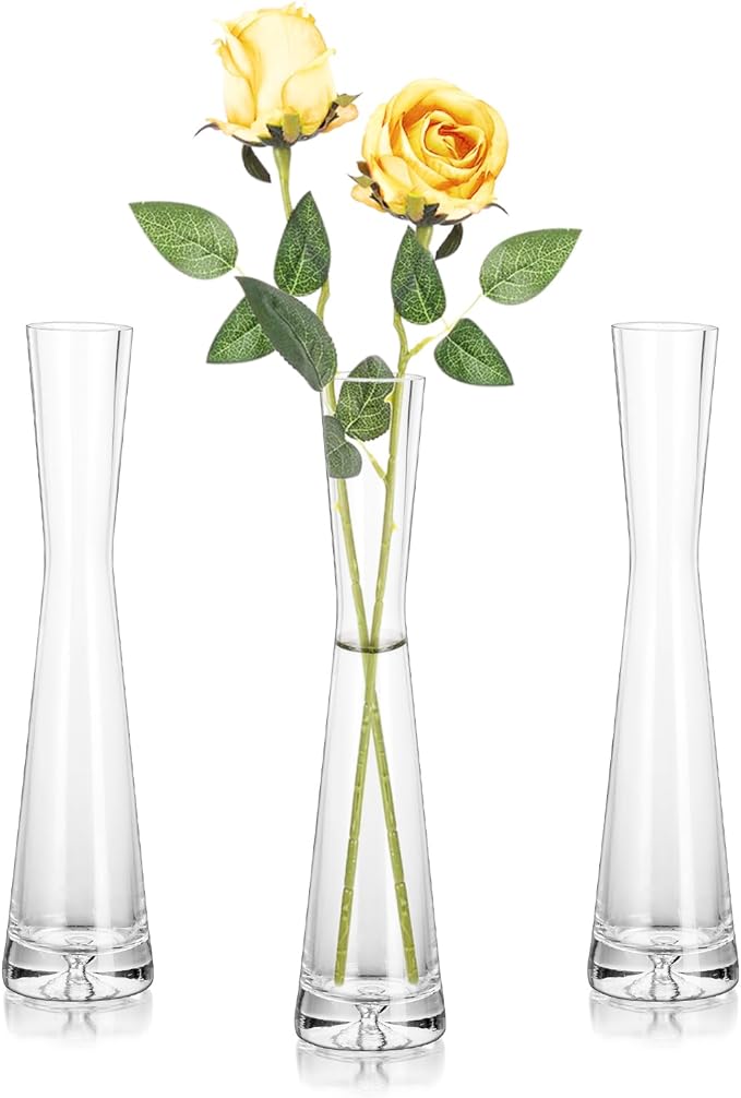 Hewory Glass Bud Vases for Centerpieces Set of 3, Handmade Modern Clear Small Skinny Decorative Single Flower Vase, Minimalist Slim Floral Vase for Home Wedding Party Events Table Decor, 9.64"