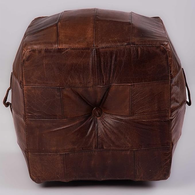 Square Shaped Buffalo Leather Handmade Eco-Friendly Brown Pouf - Square Pouf, 14" x 14"x 14", Plain Solid Pouf, Buffalo Leather Pouf, Recycled Foam with Fibre Fill Stuffed Pouf, Seating Pouf PF25