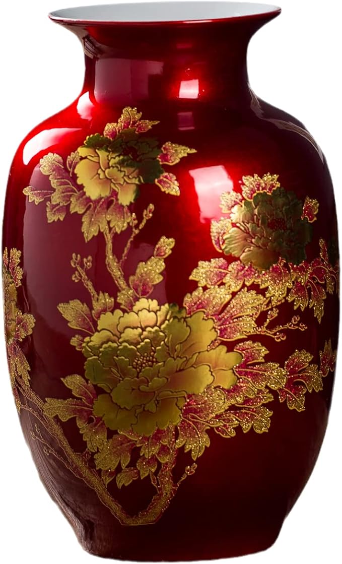 Red Vase Oriental Ceramic Flower Vases Decorated with Peony Design for Home Living Room Ornaments and Wedding Tall 9''