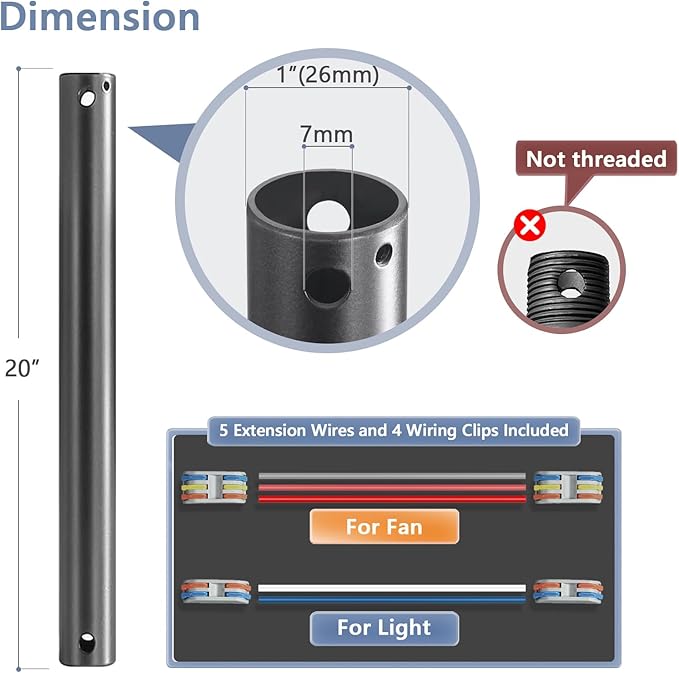 20" Ceiling Fan Downrod, 【1 Outside Diameter】 Black Extended Downrod, including 4 Wire Connectors and 5 Extension Wires (No Threads)