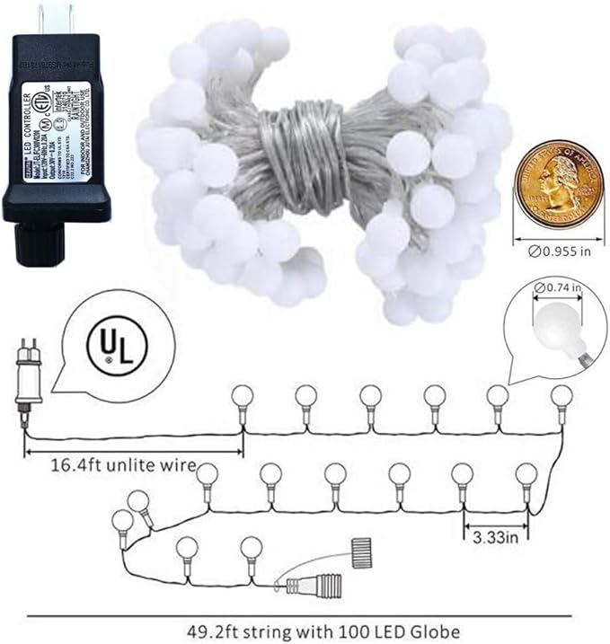 Globe String Lights for Bedroom, 49 Feet 100 LED Fairy Lights Plug in, 8 Modes Warm White Christmas String Lights for Indoor Outdoor Patio Party Garden Wedding Christmas Tree Decor