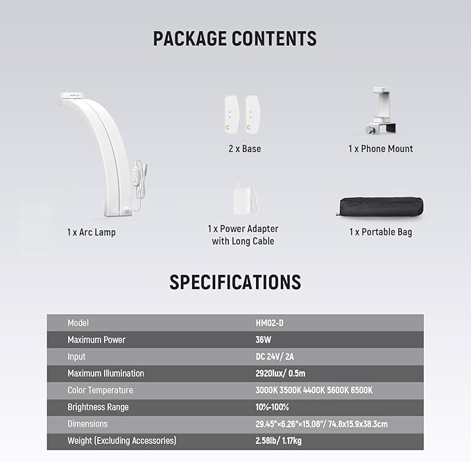 NEEWER Basics 29" Half Moon Nail Light for Desk, 36W Foldable Nail Tech Table Arc Lamp, LED Manicure Half Ring Light with Phone Holder for Makeup Beauty Tattoo Overhead Video Recording, HM02-D