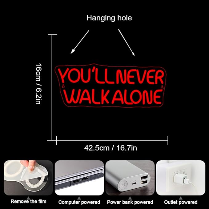 WLHOPE You'll Never Walk Alone Neon Signs for Wall Decor Adjustable Red LED Lights Decorations for Art Room Bedroom Birthday Party Men Cave, Best Gift for Friends Boys and Girls
