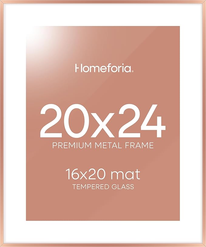 Homeforia 20x24 Frame Rose Gold, High End Metal 20x24 Poster Frames with Mat 16x20 inch Photo, 20 x 24 Rose Gold Picture Frame Matted to 16 by 20 Print, 24x20 Frame, Tempered Glass, Wall Kit, Set of 1