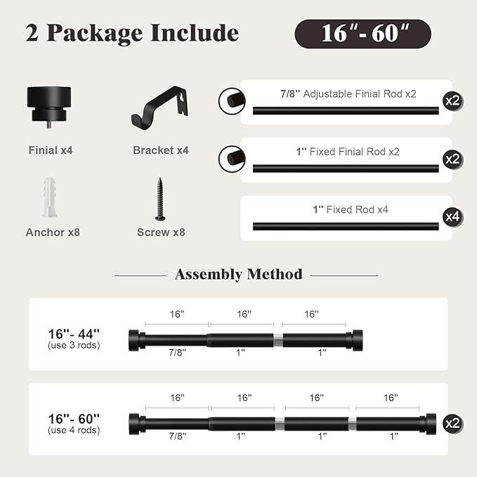 Oneach 2-Pack Heavy Duty Curtain Rods for Windows 28 to 48 Inch, 1 Inch Pole Adjustable Curtain Rod with Easy Installation and Modern Design (Black, 16 to 60 Inch)