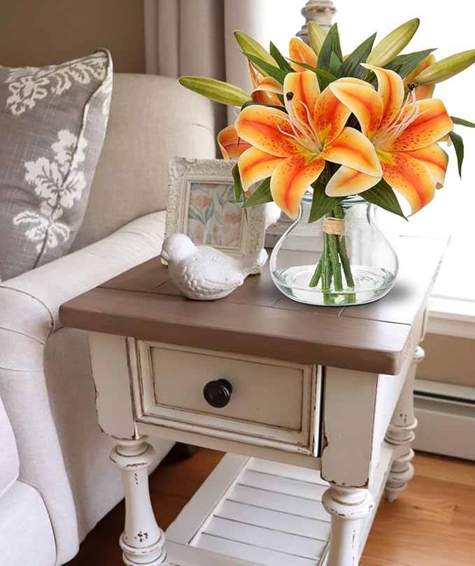 Hollyone Tiger Lily Fall Flowers Artificial for Decoration in Vase Real Touch Orange Autumn Silk Faux Flowers Arrangements with Glass Vase with Fake Water Lily Centerpiece Fall Decorations for Home