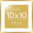Homeforia Square 10x10 Gold Frame, High End Metal 10 by 10 Picture Frames with Mat 8 x 8, 10by10 Thin Poster Frame Matted to 8x8 inch Photo, Wall or Tabletop Frames, Tempered Glass, Wall Kit, Set of 1