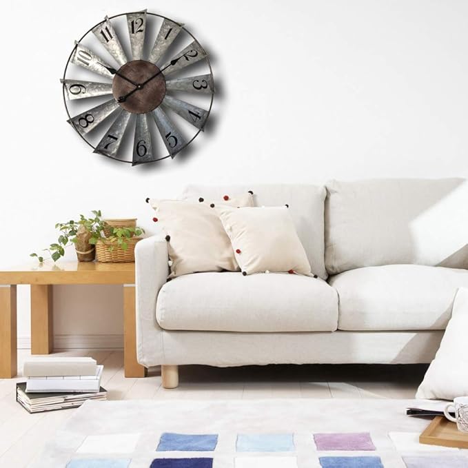 Mrocioa 24inch Windmill Distressed Metal Wall Clocks Rustic Large Decorative Clock Oversized Farmhouse Decor,Non Ticking,Battery Operated