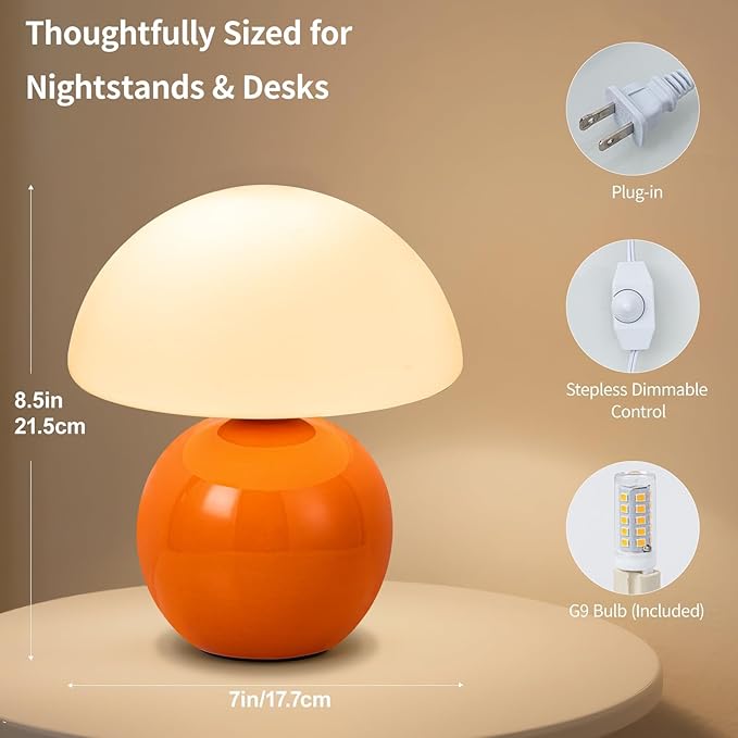 Mushroom Table Lamp, Orange Vintage LED Desk Light for Bedroom, Dimmable Ambient Lighting with Glass Shade for Bedroom, Reading, Home Décor, Gift for Friends