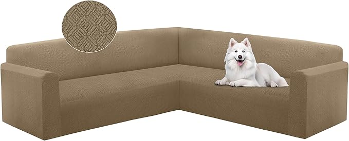 HDCAXKJ Sectional Couch Cover L Shape Stretch Sofa Covers Washable Jacquard Corner Couch Slipcover Non Slip Sectional Slip Cover U Shaped Furniture Protector for Pets Dogs (Brown Khaki, X-Large)