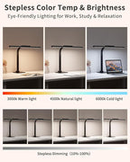 Desk Lamps for Office with Stable Base, 24W Touch Control Brightness Adjustable Tall Desk Lights, Eye-Caring Architect Task Light, Dimmable Brightness & Color Computer Lights for Desktop, Black
