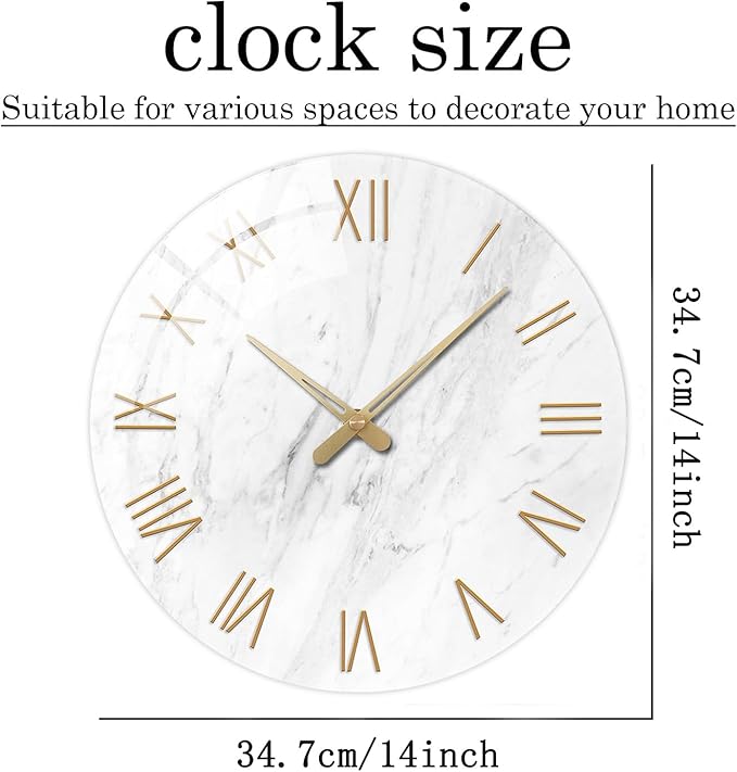 Round Marble Battery Wall Clock Modern 14 Inch White Minimalist Wall Clock for Kitchen Quartz Glass Slient Clock for Wall