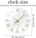 Round Marble Battery Wall Clock Modern 14 Inch White Minimalist Wall Clock for Kitchen Quartz Glass Slient Clock for Wall