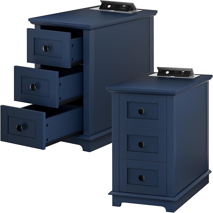 HIFYOBRO Narrow End Table Set of 2, 3 Drawers and Charging Station, Type-C & USB Port & Power outlets, Wooden End Table, Side Table with Storage for Living Room, Bedroom Nightstands