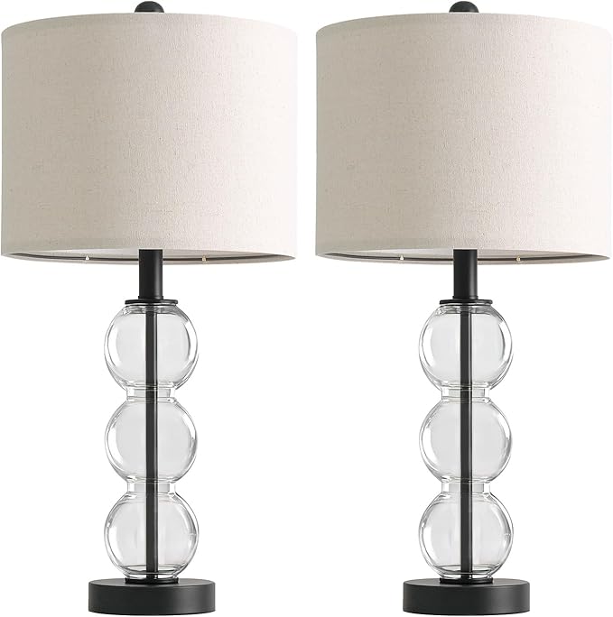 Oneach 24" Glass Table Lamps Set of 2, Black Modern Table Lamps with USB Ports for Living Room, Linen Shade Bedside Lamps for Bedroom, Nightstand, Side Table (Bulbs not Included)