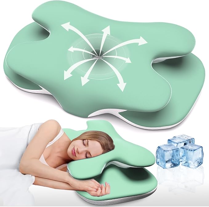 Cervical Neck Pillow for Pain Relief, Contour Memory Foam Pillow with Ice Silk Pillowcase, Neck Support Pillows, Ergonomic Orthopedic Pillow for Back, Side, Stomach Sleepers (Green)
