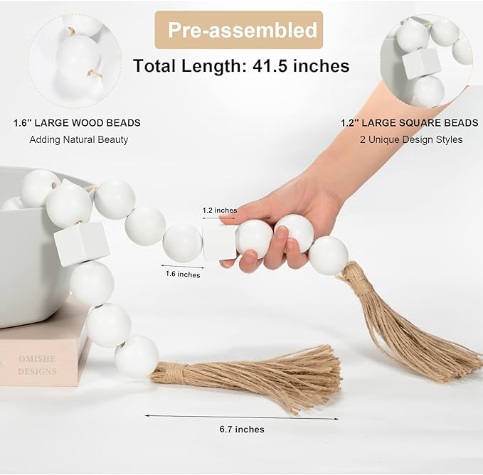 OMISHE White Extra Large Wood Bead Garland with 1.6" Diameter Wooden Beads and Tassels, 41.5" Long Rustic Farmhouse Country Boho Decorative Beads for Home Decor Tiered Tray Decor