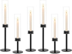 Black Hurricane Candle Holders Set of 6, Tall Metal & Windproof Glass Taper Candle Holders, Outdoor/Indoor Table Centerpieces for Weddings, Christmas, Parties, Fireplace Decor