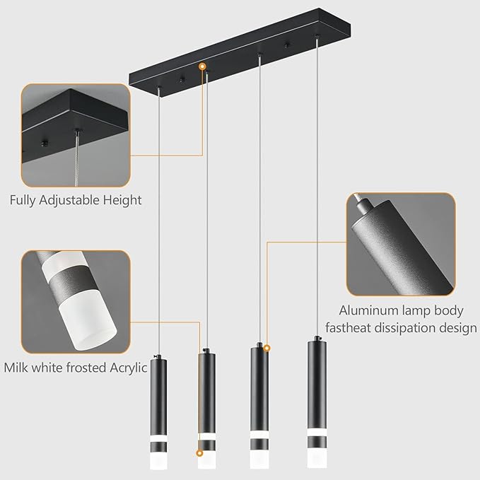 4-Light Dining Room Modern Pendant Light Kitchen Fixture Dimmable LED Black Mini Pendant Lighting fo Kitchen Island Study Pendant Lights