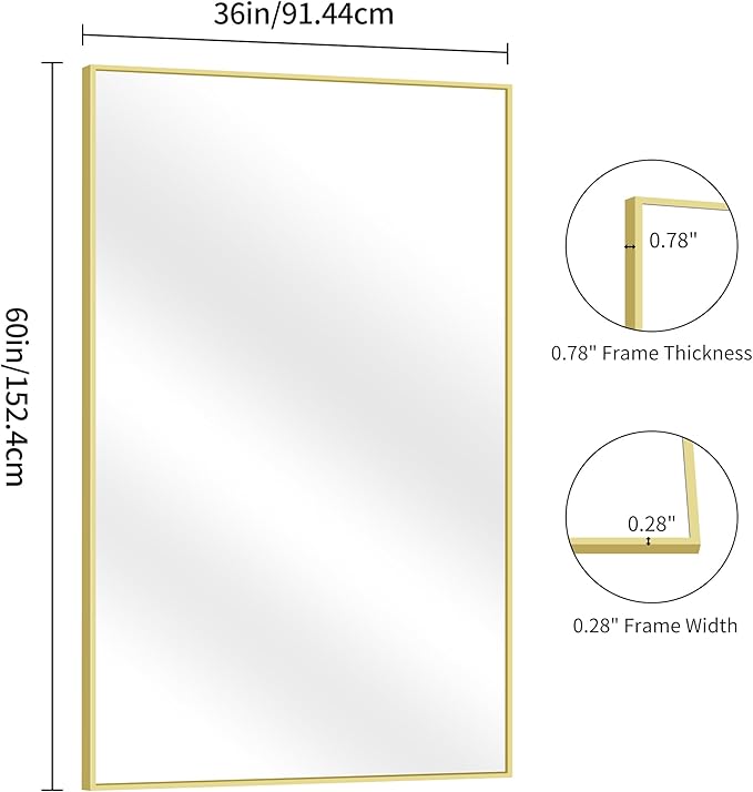 YIROMAN Bathroom Mirror 60"x36", Large Brushed Gold Bathroom Mirror for Over Sink with Aluminum Frame, Rectangular Vanity Mirror with Right Angle, Wall Mirror Hangs Horizontal or Vertical