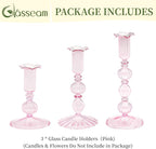 Glasseam Tapered Candlestick Holders Pink: Set of 3 Glass Candle Sticks Holder Decor with Bobeche Modern Ribbed Taper Candle Holders for Table Centerpiece Valentines Wedding Home Decorations