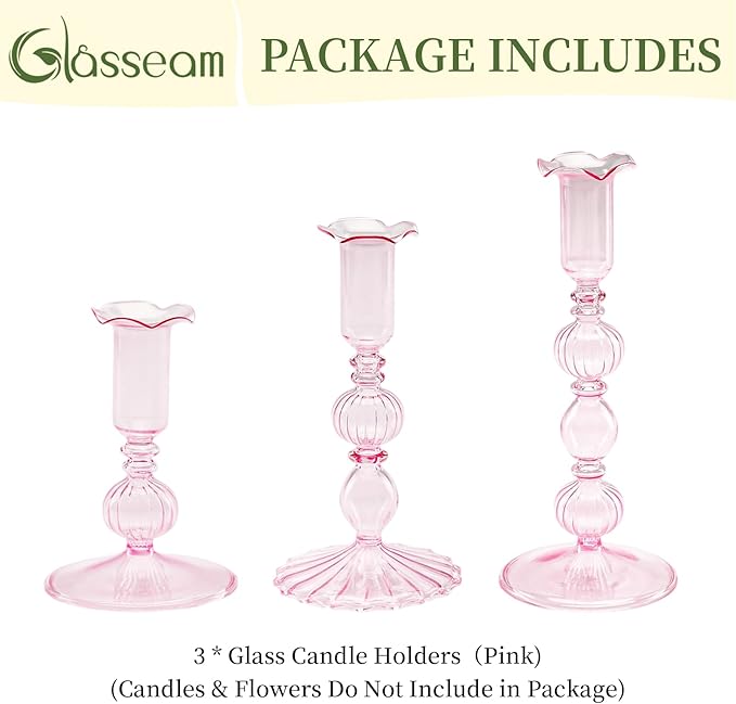 Glasseam Tapered Candlestick Holders Pink: Set of 3 Glass Candle Sticks Holder Decor with Bobeche Modern Ribbed Taper Candle Holders for Table Centerpiece Valentines Wedding Home Decorations