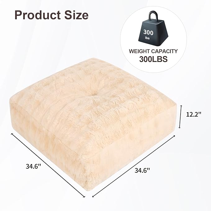 Square Pouf Ottoman, Comfy Lazy Floor Footrest with Memory Foam Filling, Fluffy Bubble Ottoman for Living Room, Office, Beige
