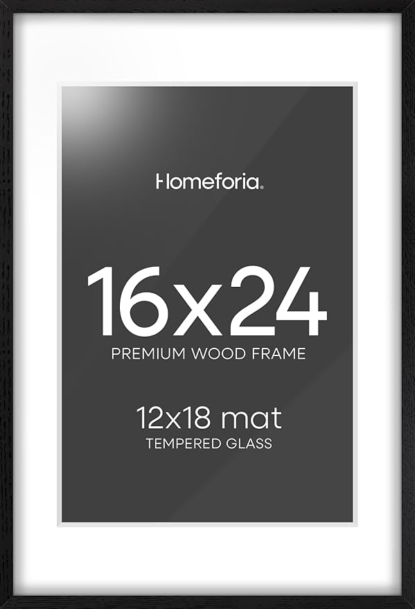 Homeforia 16x24 Black Wood Frame, High End Oak 16x24 Picture Frames with Mat 12x18 Photo, 16 x 24 Wooden Poster Frame Matted to 12 by 18 Print, 24x16 Hanging Frames, Tempered Glass, Wall Kit, Set of 1