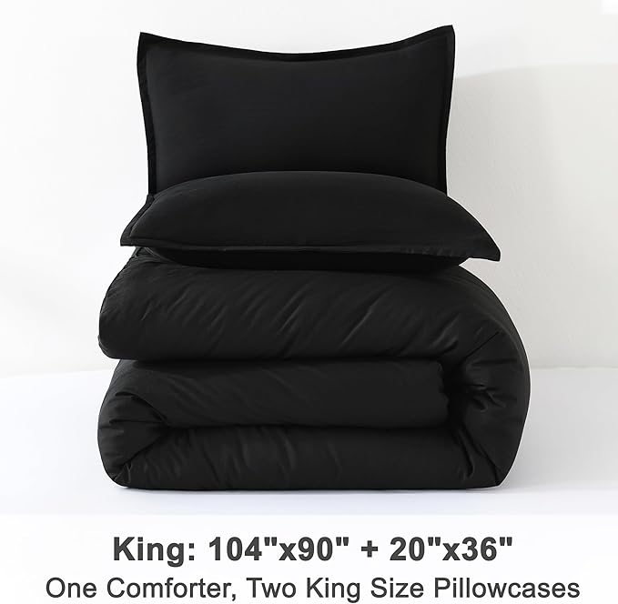 Litanika Black Comforter King Size, 3 Pieces Lightweight Solid Bedding Comforter Set, All Season Fluffy Bed Set (104x90In Comforter & 2 Pillowcases)